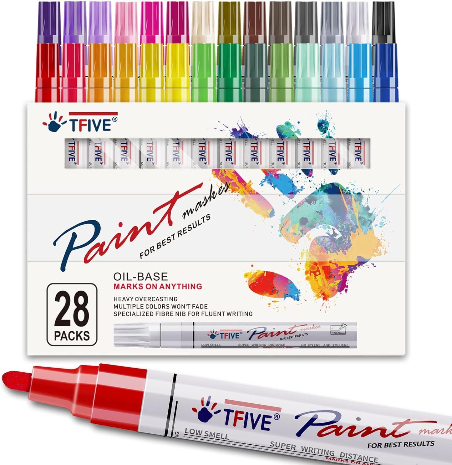TFIVE Paint Markers Pens Set, 28 Color Oil-Based Permanent Paint Marker, Medium Tip, Quick Dry and Waterproof Pen for Rock Painting, Ceramic, Wood, Fabric, Plastic, Canvas, Glass, Mugs