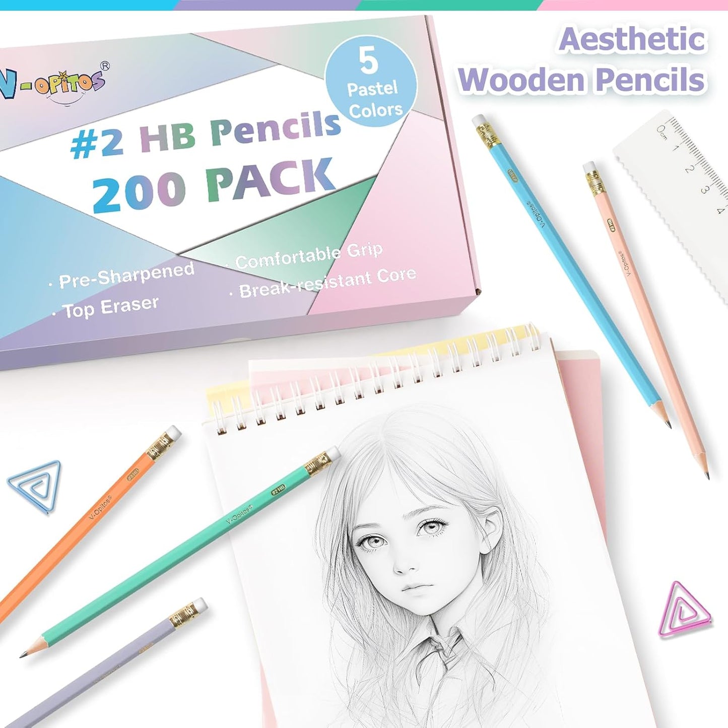 V-Opitos 200 Pack #2 HB Pencils, Bulk Wood-Cased Pre-Sharpened Pastel Color Pencils with Top Erasers, School Teacher Supplies, Writing, Drawing and Sketching