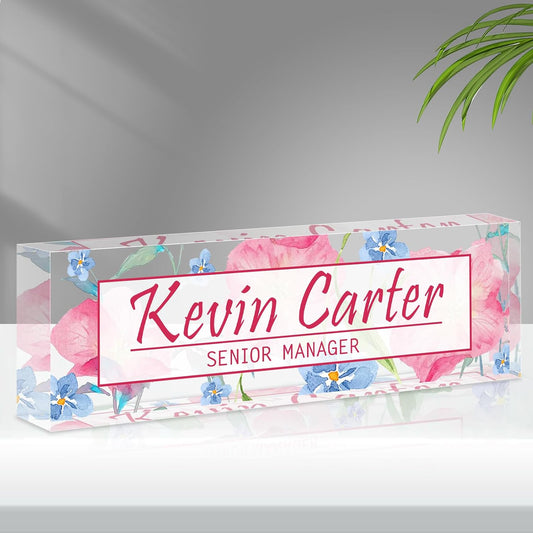 Name Plate for Desk Personalized, Acrylic Desk Decorations, Employee Appreciation Gifts, Custom Office Gifts for Coworkers, Boss, Teacher, Nurse (Pink Floating Flowers)