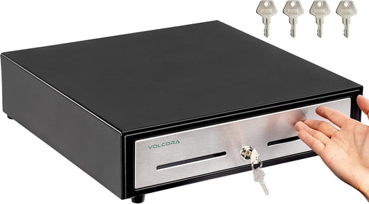 Volcora 16" Manual Push Open Cash Register Drawer for Point of Sale (POS) System - Black and Stainless Steel Front Touch Panel - Durable Cash Drawer with Removable Tray, 5 Bills and 8 Coin Slots