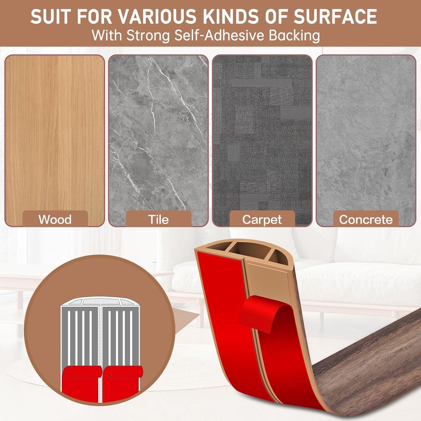 Floor Cord Cover Self Adhesive Cord Hider Floor Extension Cord Covers for Floor Power Cord Protector Cable Management Prevent Cable Trips Cable Cavity 0.51" W x 0.31" H (Smoked Brown Wood, 20Ft)