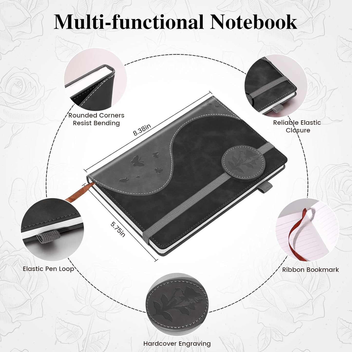 Lined Journal Notebook, A5 Hardcover Leather Journal for Men Women, 200 Pages 100 GSM Thick Paper, Journaling Notebooks for Work School Travel Note Taking, Black