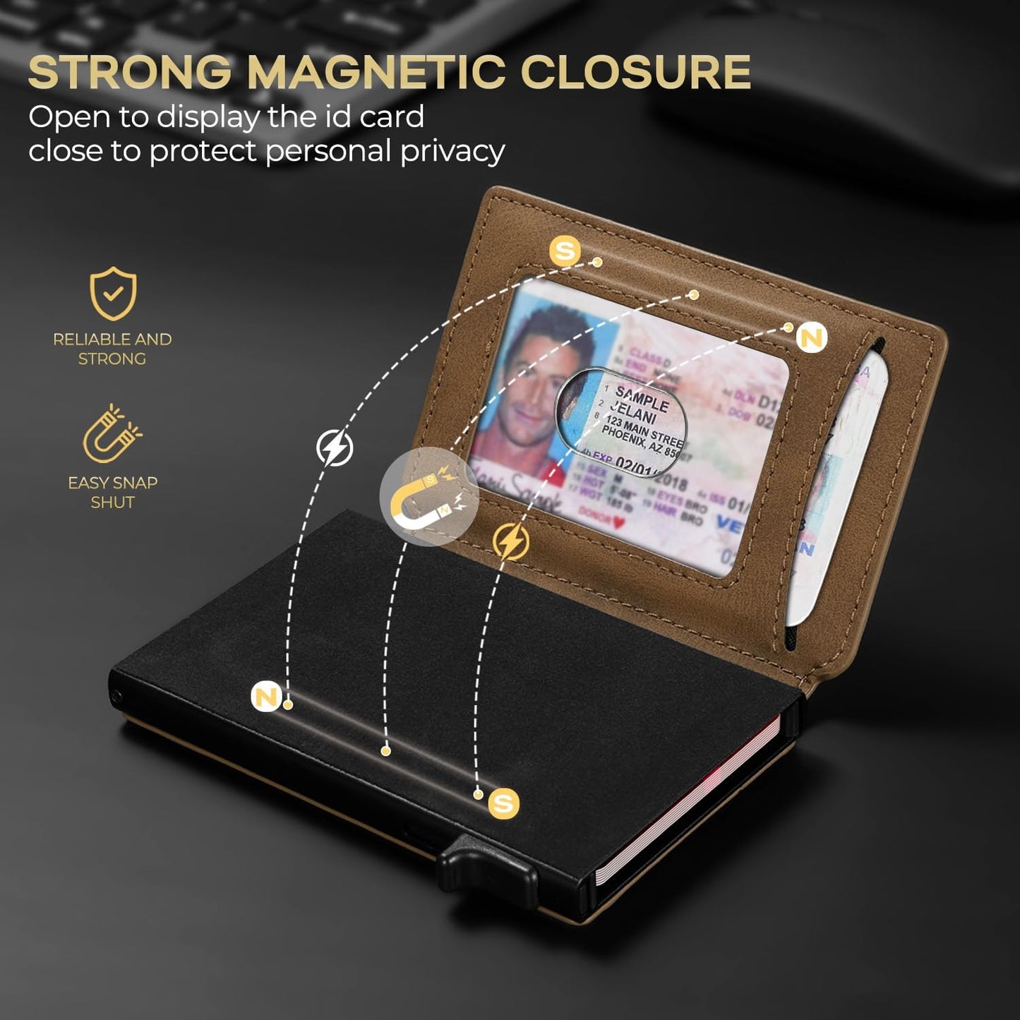 Slim Card Wallet for Men with ID Window – Minimalist RFID Wallet, Pop-Up Function, Ultra Thin Design, Metal Business Card Case Holds 8+ Cards, Gifts for Men, Men's Accessories