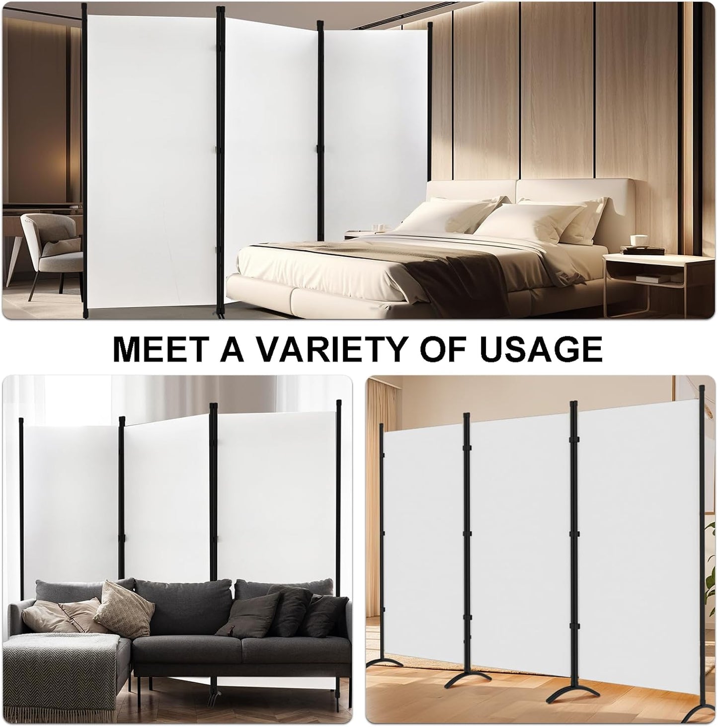 Room Divider 3-Panel Privacy Screen, Portable Screen Steel Frame with Hook&Loop for Home, Office, Classroom, Studio, Meeting (White