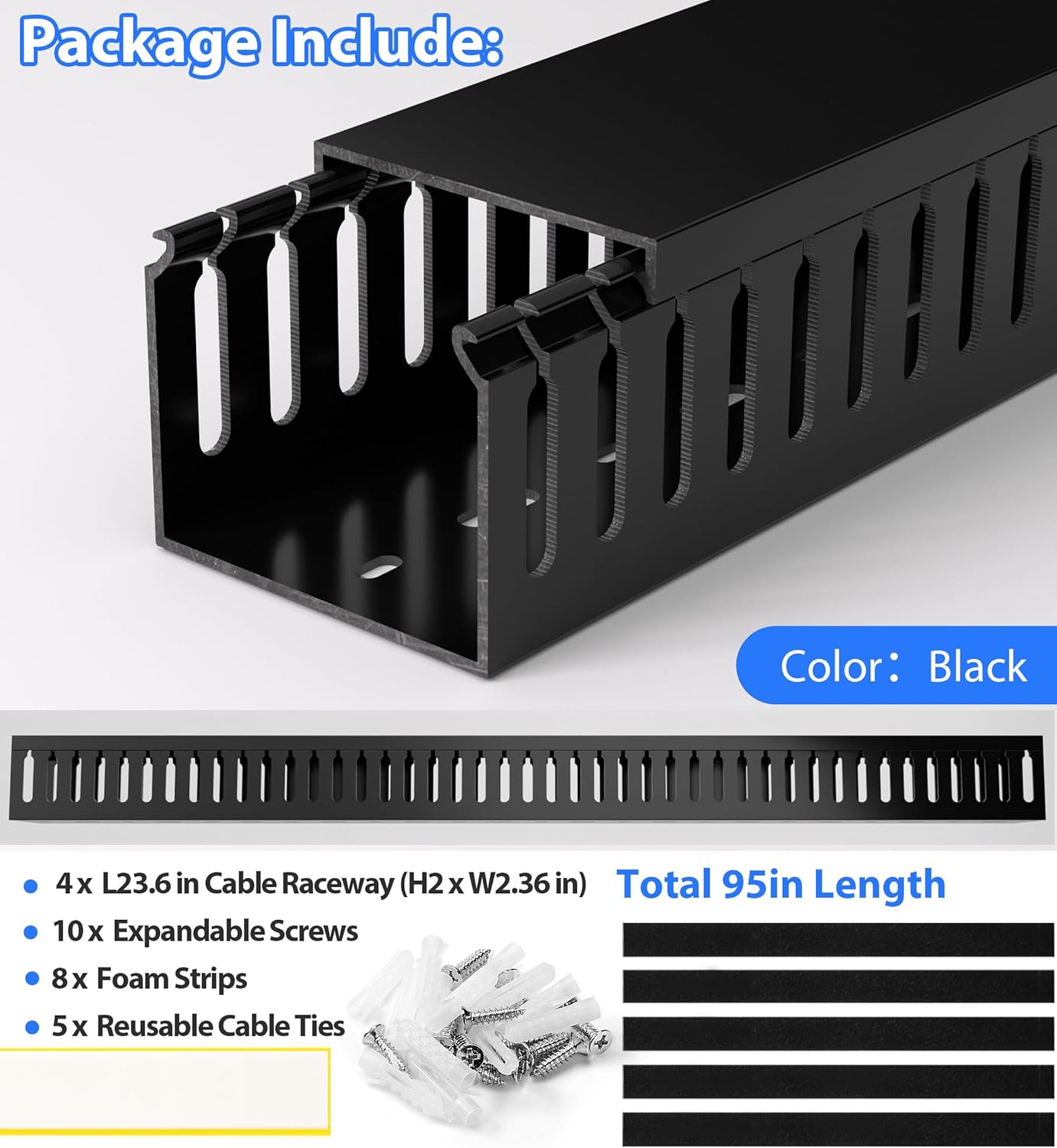 ZhiYo H2in x W2.4in Professional Server Rack Cable Management Raceway, 95in (4X L23.6in) Cable Raceway Kit, Electrically Safe PVC, Open Slot Wire Hider for Under Desk/Computer/Network Cords
