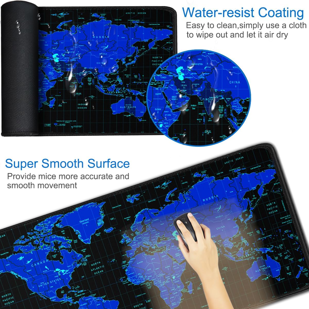 Gaming Mouse Pad, 31.5x15.7 inch Large Extended Computer Keyboard Mouse Mat, Water Resist Non-Slip Mousepad Rubber Base Long XXL Desk Mouse Pad for Work & Gaming, Office & Home, Blue Map
