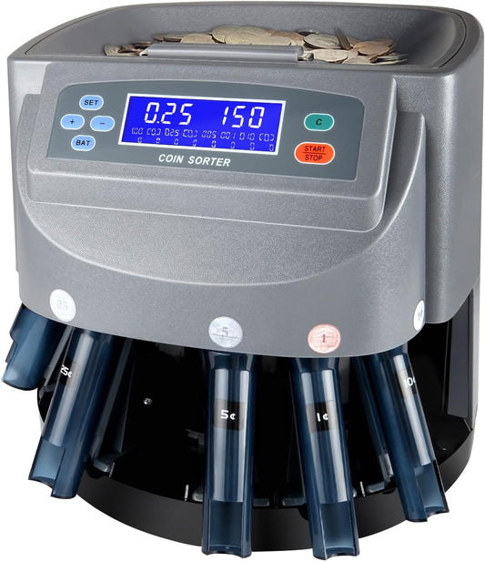 8T8 USD Coin Counter Machine - Professional Automatic Coin Sorter and Wrapper/Roller with LCD Display and 5 Coin Bins and Tubes