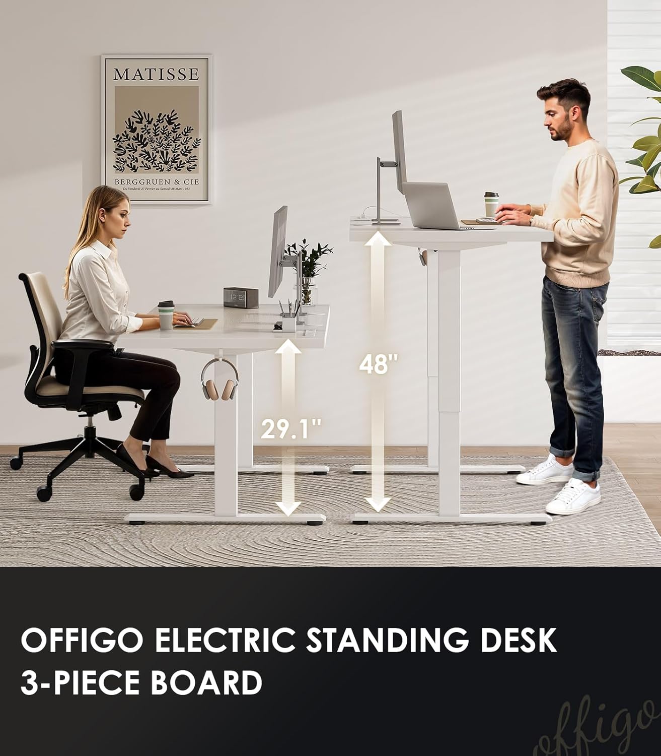 OffiGo Electric Standing Desk with 3-Piece Board, 79 Inch Height Adjustable Large Desk with Power Outlets, Sit Stand Table, Writing Computer Workstation for Home, Office, White
