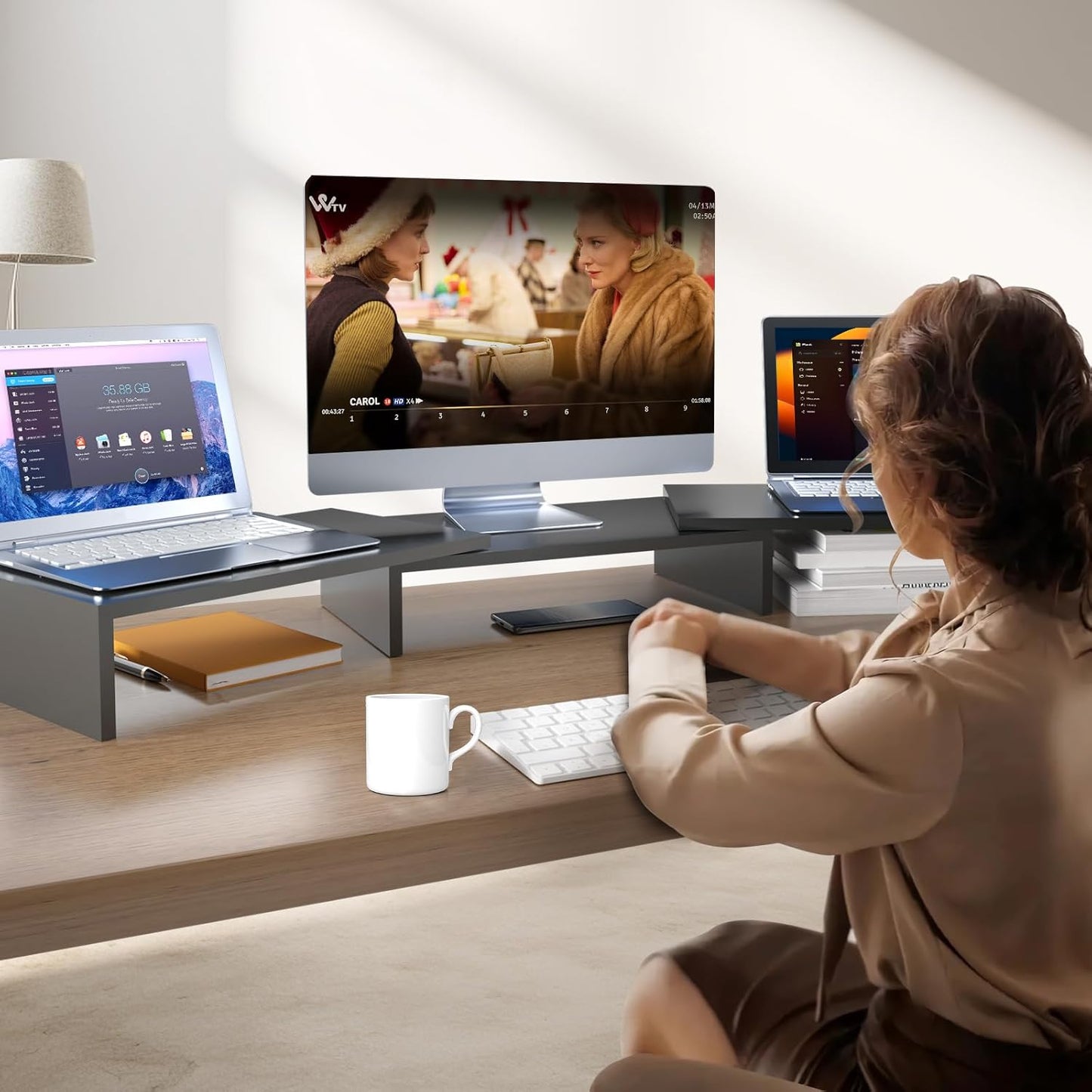 Pholiten Dual Monitor Stand Riser for 2 Monitors，Desktop Monitor Stand with Adjustable Length and Swivel Angles, Extra Long Multifunctional Stand up to 48.2" fit Computer Laptop Printer Max 44 lbs