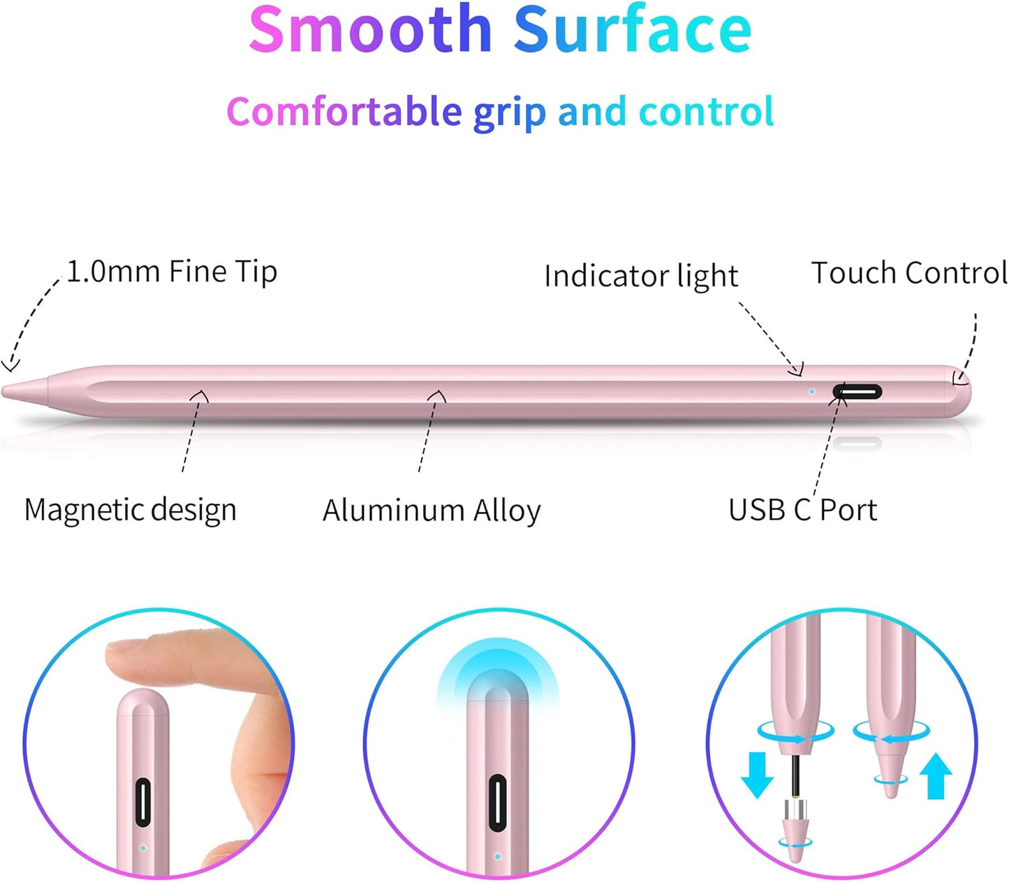 DRYMOKINI Stylus Pen, Active Stylus Pen Touch Screens Compatible for Android and iOS Tablet/Phones, Rechargeable Universal Stylus Pencil Compatible for A-pple/i-Pad/Phone Tablet, Pink