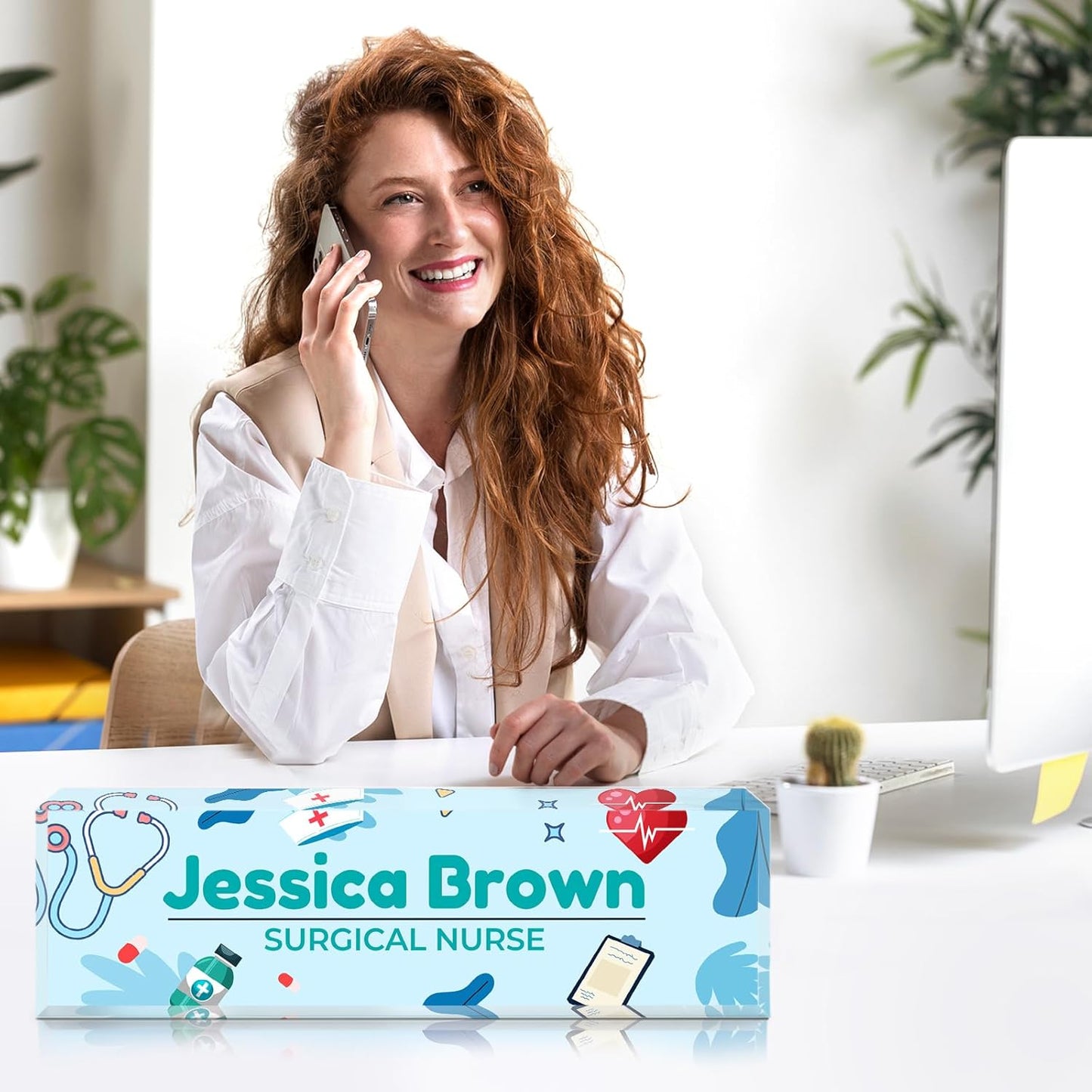 Personalized Name Plate for Desk -Nurse Day Gifts -Custom Name Plates for Woman -Acrylic Office Decor Appreciation Gifts for Nurse Practitioner Doctor(Pastel Blue)