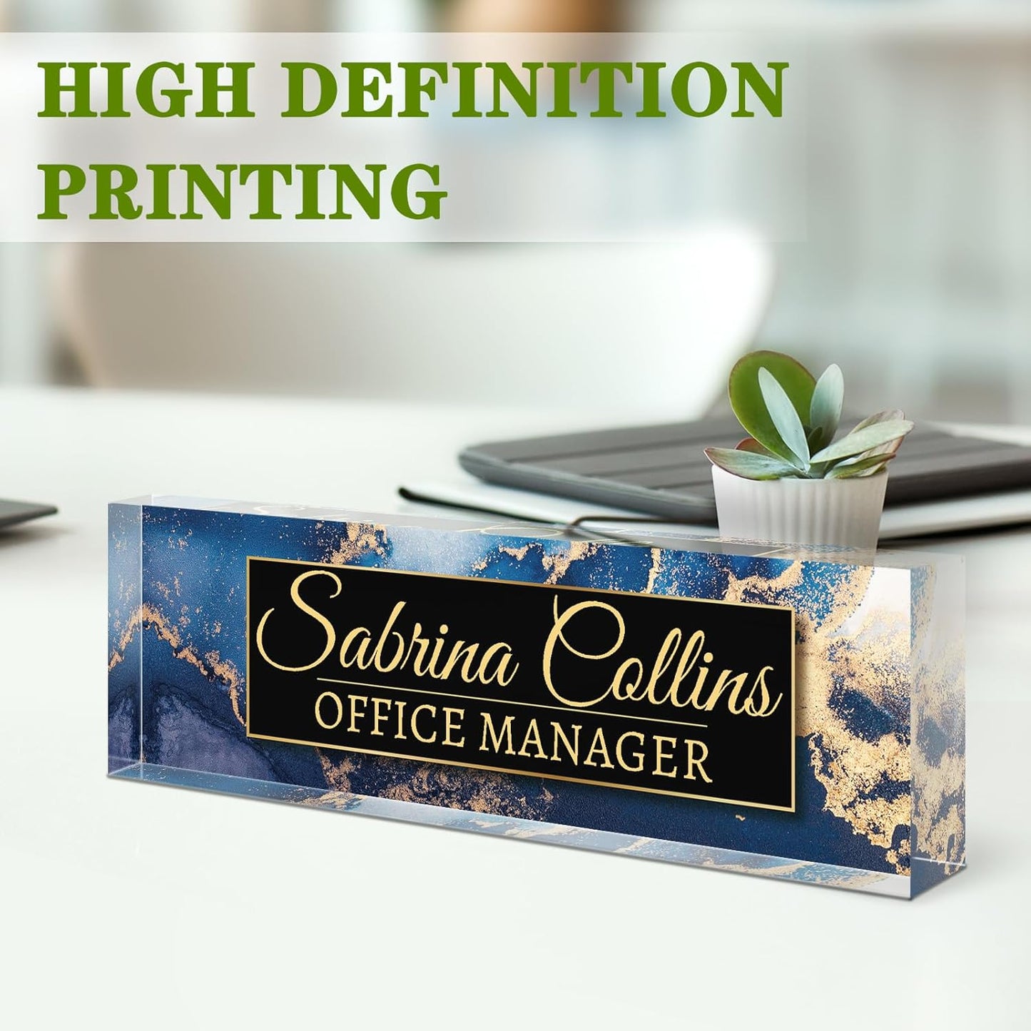 Name Plate for Desk, Desk Name Plate Personalized, Office Decor for Women Men, Acrylic Desktop Accessories, Office Appreciation Gifts for Boss Social Workers Nurse Teacher Employee (Blue Coast B)