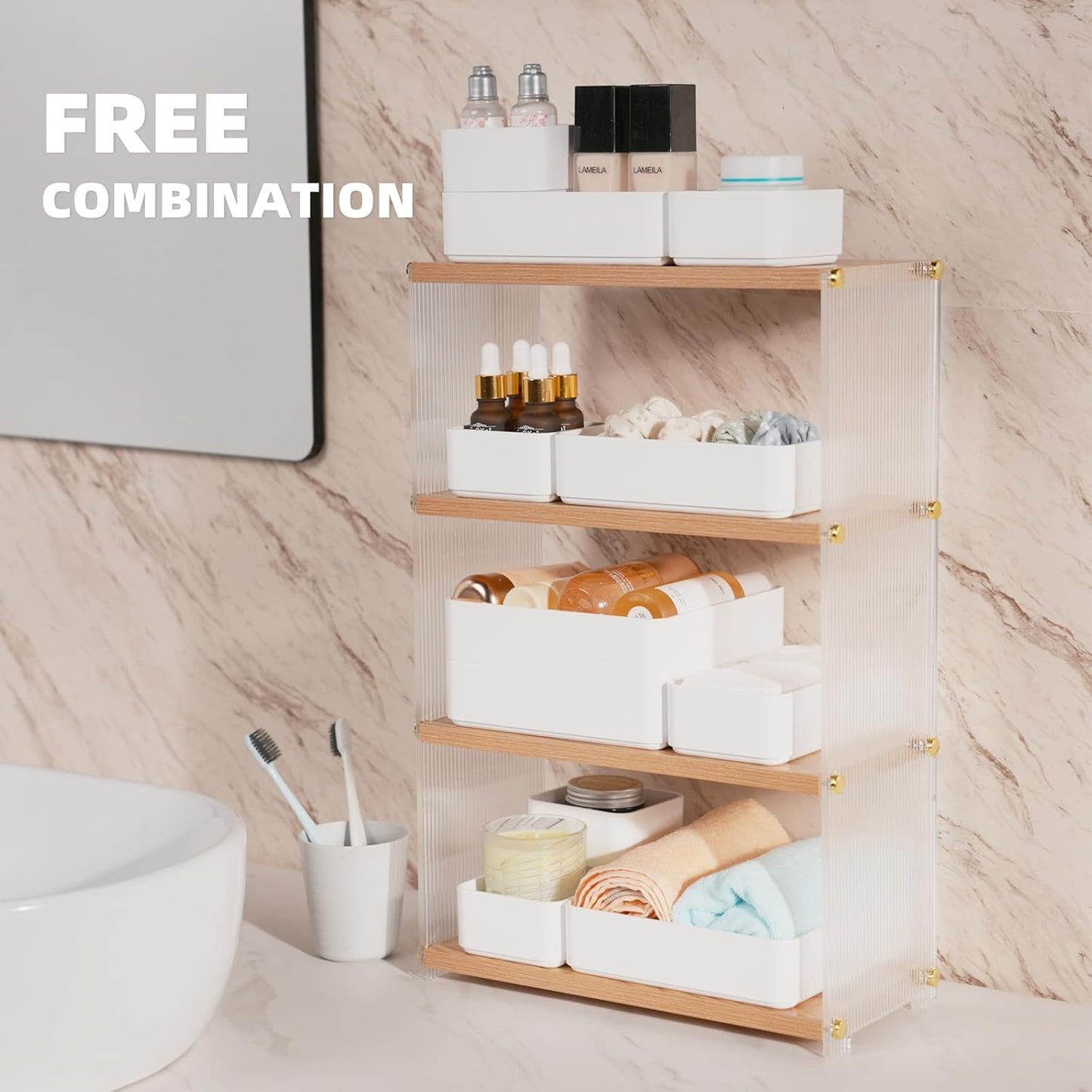 11-Piece Stackable Drawer Organizer Set, Multi-size Desk Drawer Organizer Trays Vanity Storage Bins for Storing Makeup, Stationery, Utensils in Bathroom Dresser, Office and Kitchen