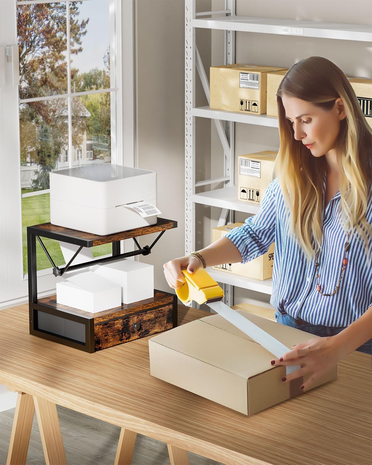 IBUYKE Label Holder for Rolls and Fan-Fold Labels,Wooden Thermal Shipping Label Stand with Drawer Desktop Printer Holder for Home, Office, Small Business,Brown TPS003H