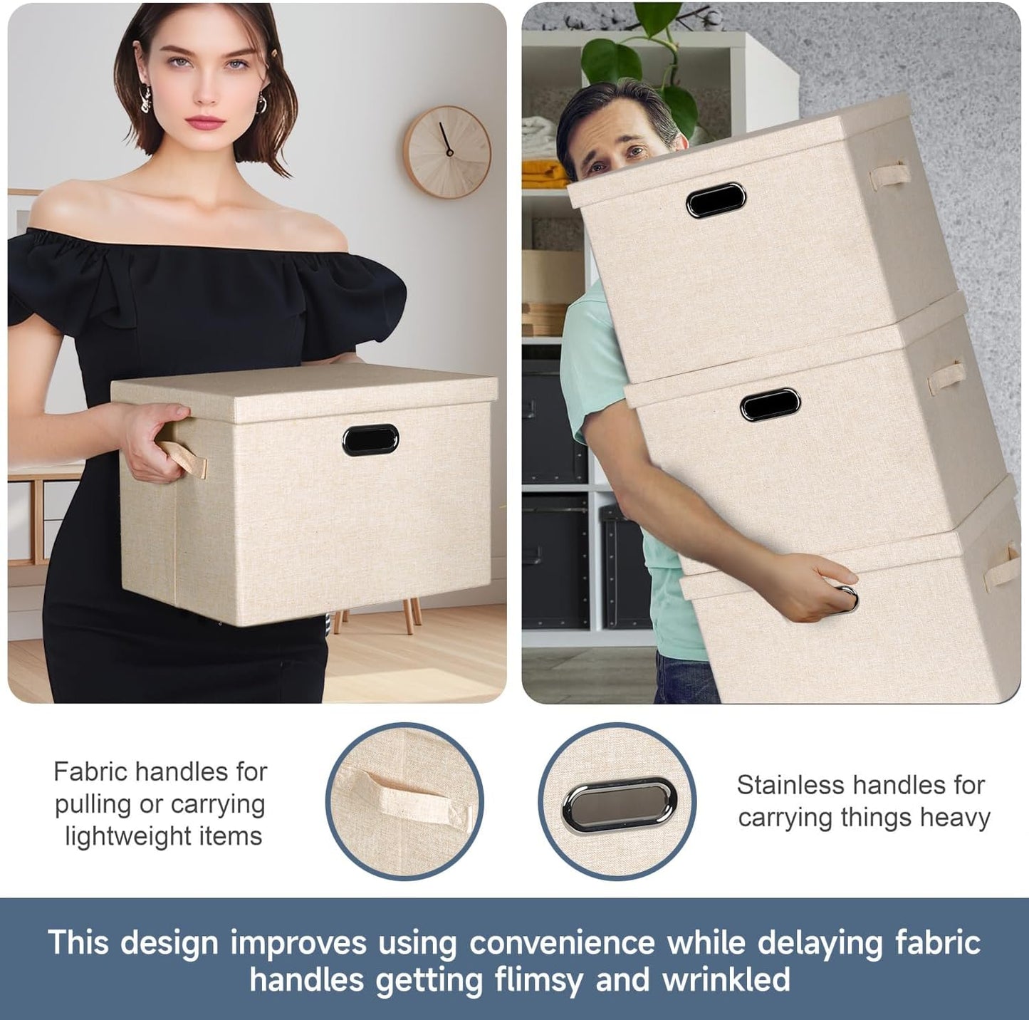 Large 17" 36 Quart Collapsible Stackable Storage Bins with Lids, 3 Packs Light Orange Linen Fabric Closet Boxes with Lids, Storage Cube Baskets Container Organizers for Office (17x12x11)