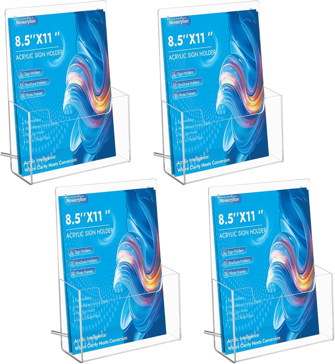 Acrylic Brochure Holder Wall Mount 8.5x11 – Clear Trifold Rack, Detachable Magnetic Rod, Easy-Carry Design for Wall or Desktop Display in Office, Retail, Trade Shows (4 Pack)