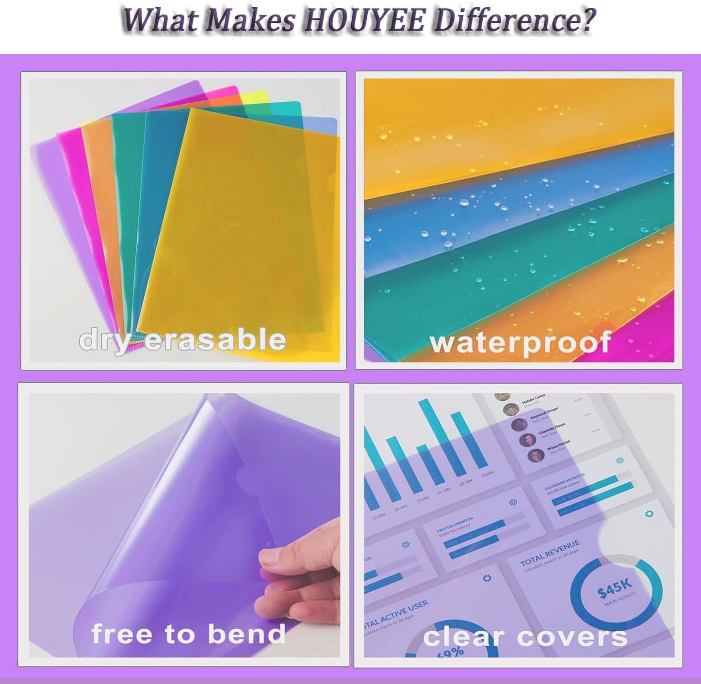 HOUYEE 30 Pack Clear Document Folder, Plastic Paper Sleeve Fit for Letter Size Paper, for Home, Office, and School Use(6 Assorted Colors)