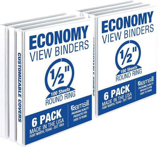 Samsill 0.5 Inch 3 Ring Binder, Made in USA, Economy Round Ring, Clear View Cover, 100 Sheet Capacity - for School, Home, Office - White, 6 Pack