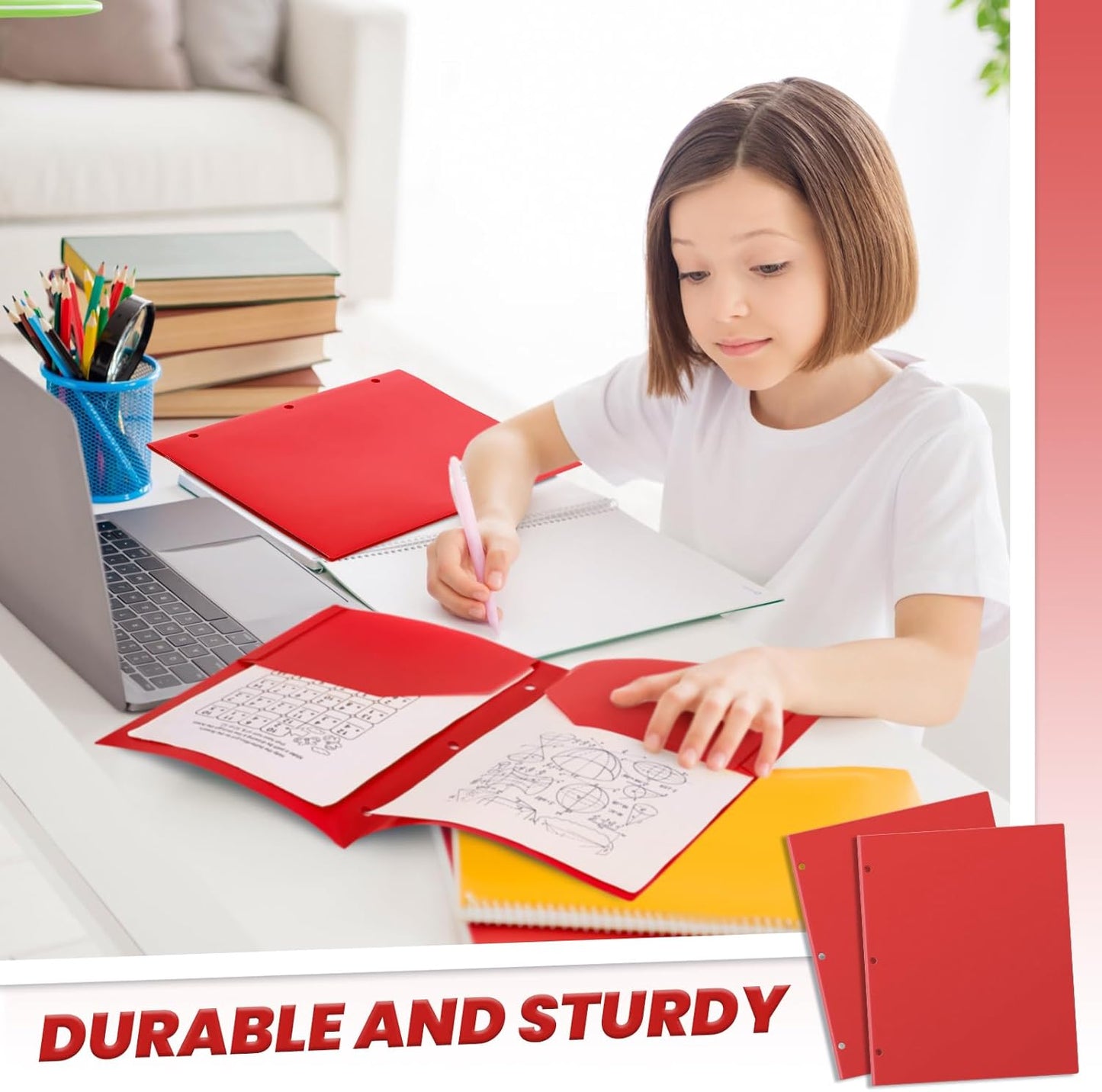 Yeaqee 50 Pcs Plastic Folders with Pockets Bulk 3 Hole Punched 2 Pocket File Folders for 3 Ring Binder Divider Folder for Notebooks, Durable Poly for Office Home (Red)