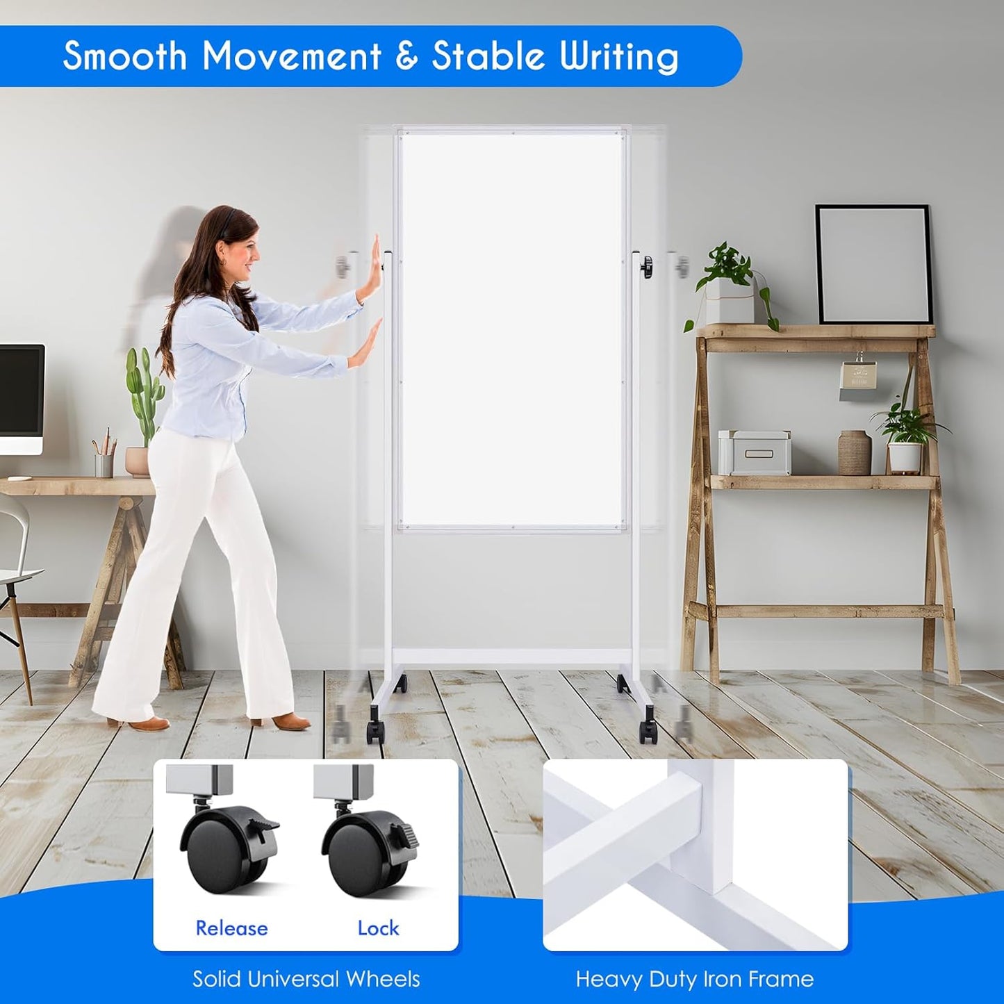maxtek Rolling White Board, 48 x 24 Height Adjustable Whiteboard on Wheels, Large Magnetic Standing Mobile Easel Board, Double-Sided with Stand for Office, Home, and Classroom