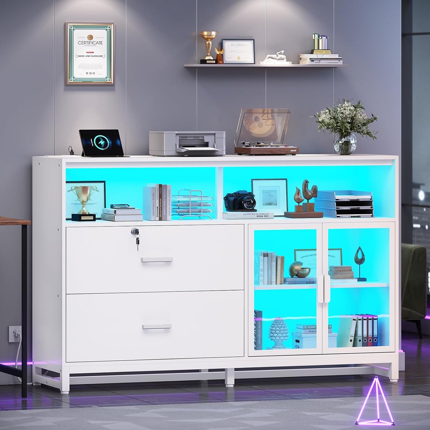 SEDETA 59" File Cabinet, 2 Drawers Filing Cabinets for Home Office fit Legal/Letter/A4 File, File Cabinet with Lock & Power Outlets, Printer Stand with Storage & LED Lights, White