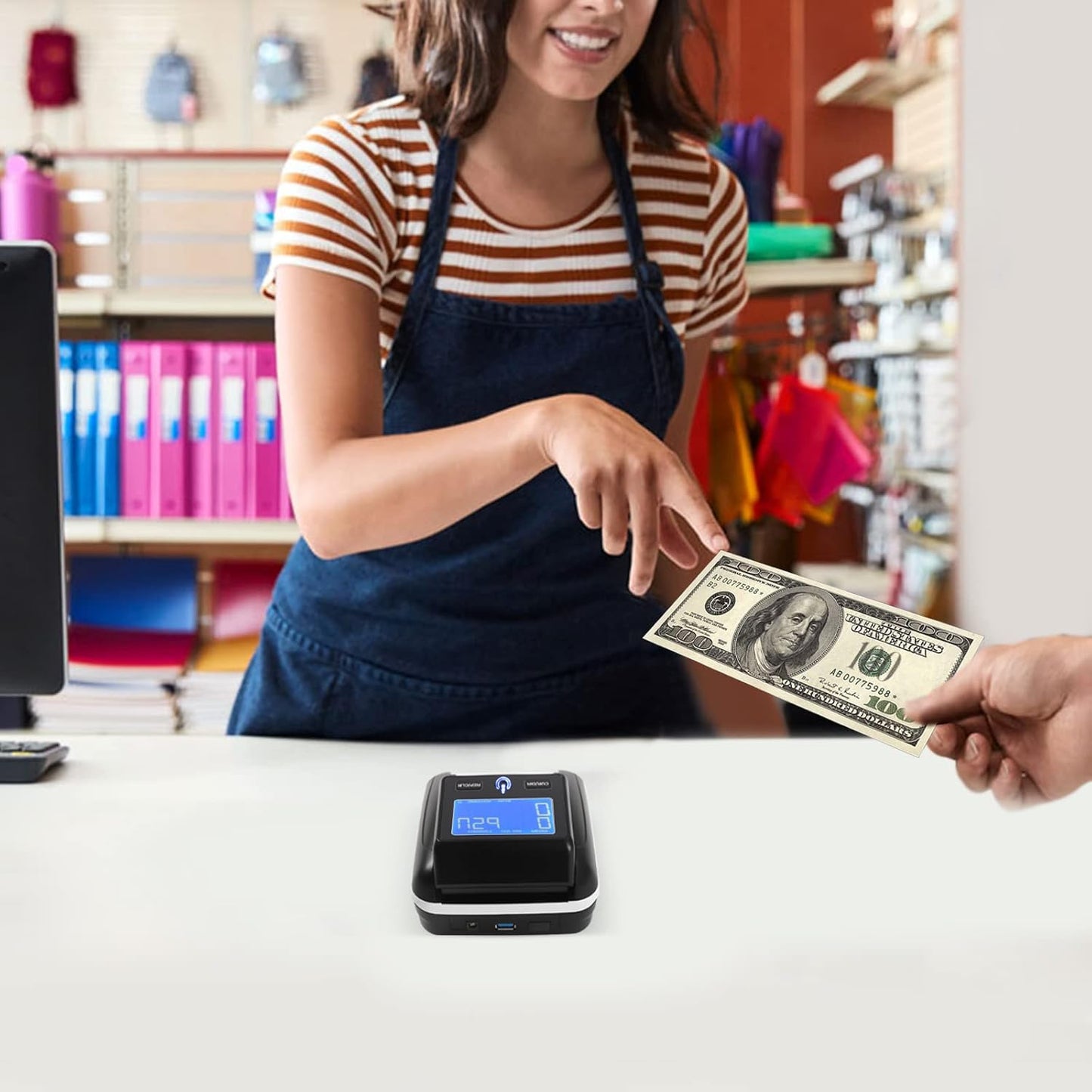 Portable Counterfeit Bill Money Detector Machine Modern Rechargeable Any Way Direction USD & EUR Counterfeit Bill Detector with Display Counterfeit Money Detector for Office Home Store, Black