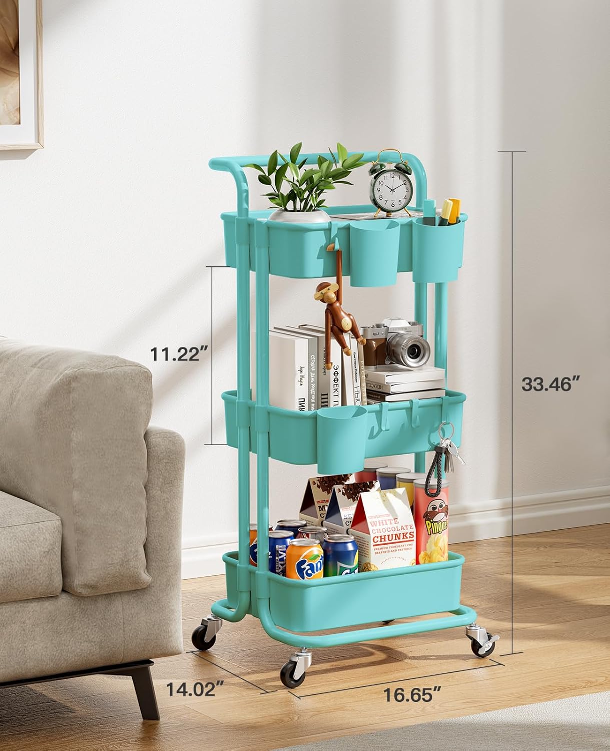 Pipishell 3 Tier Rolling Cart with Wheels - Rolling Storage Cart with 3 Hanging Cups & 4 Hooks - Art & Craft Carts Organizer for Office, Kitchen, Craft Room, Bedroom, Laundry Room (Turquoise)
