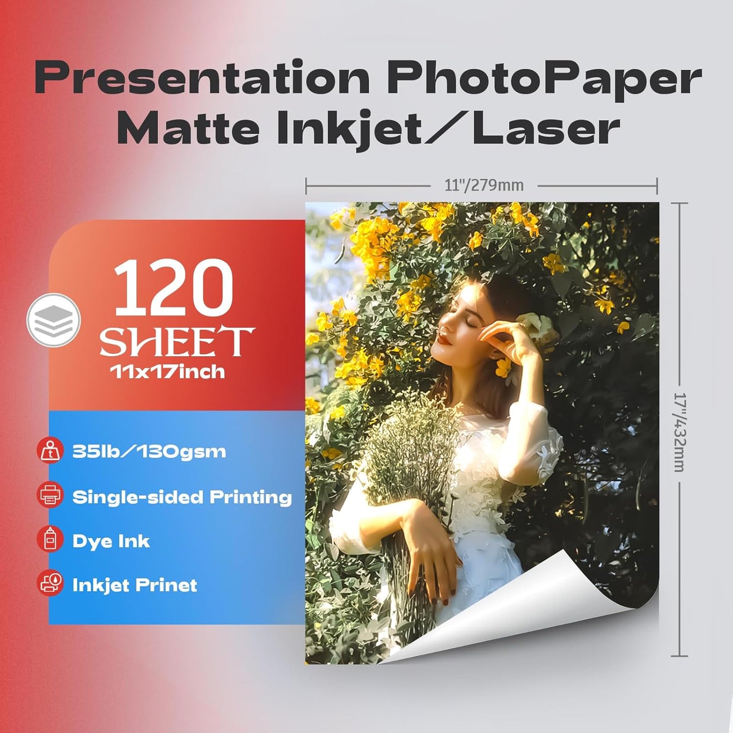 120 Sheets Thin Matte Presentation Photo Paper tabloid paper 11x17 inches 35lb 130gsm 6.5 Mil A3 for Dye Ink Inkjet Printer