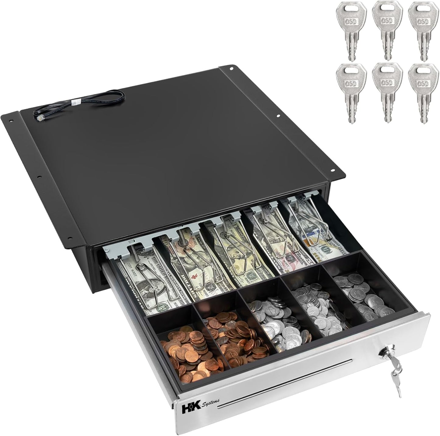 HK SYSTEMS 16" "Stainless Steel" Front Heavy Duty Black POS Cash Drawer with 5Bill/5Coin with Under Counter Mounting Metal Bracket