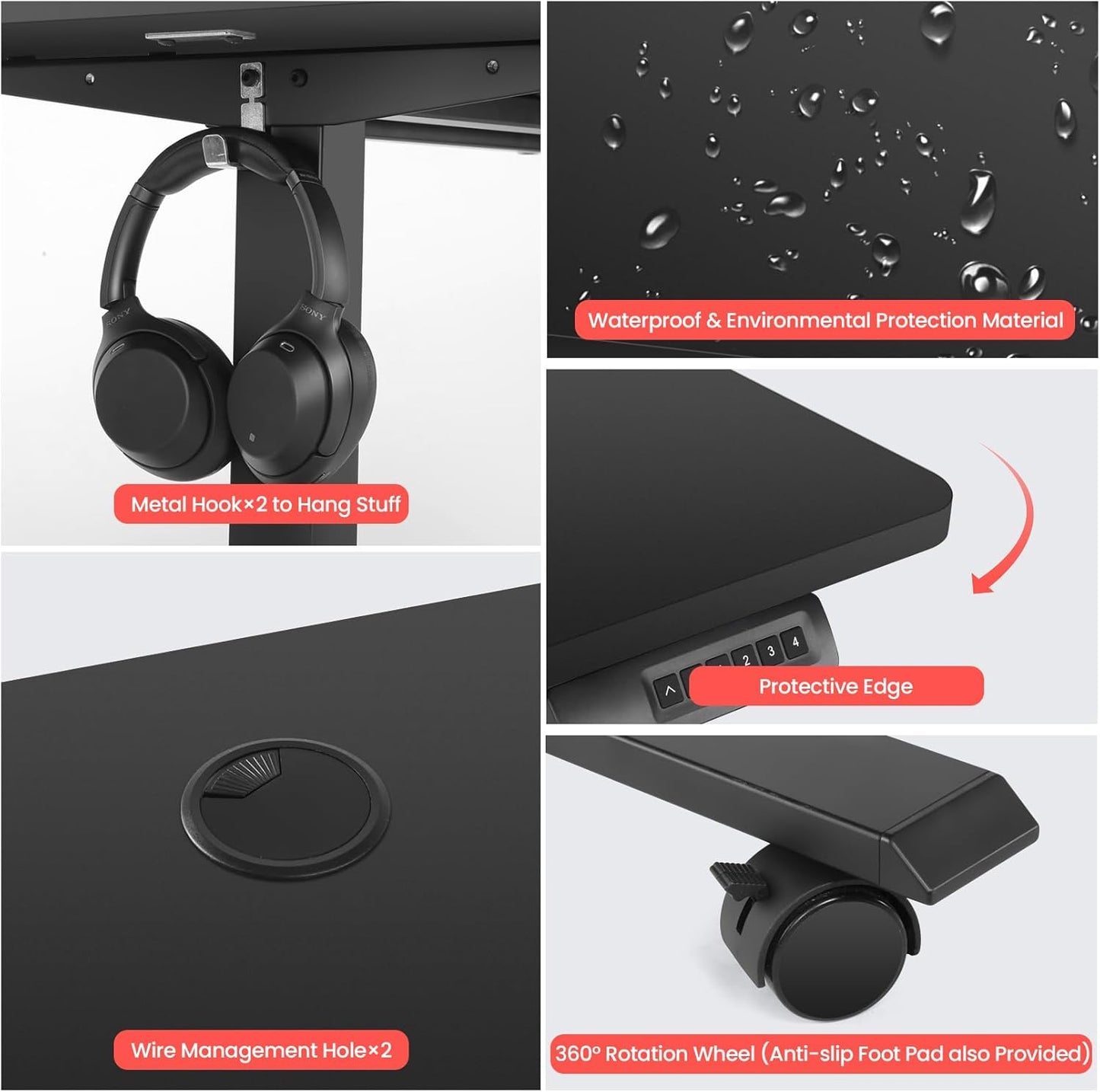 Curved Electric Standing Desk 48 x 24 Inches Adjustable Height Ergonomic Sit Stand Up Desk for Home Office Computer Workstation with 2 USB Ports 3 Power Outlets Memory Preset Wheels, Black