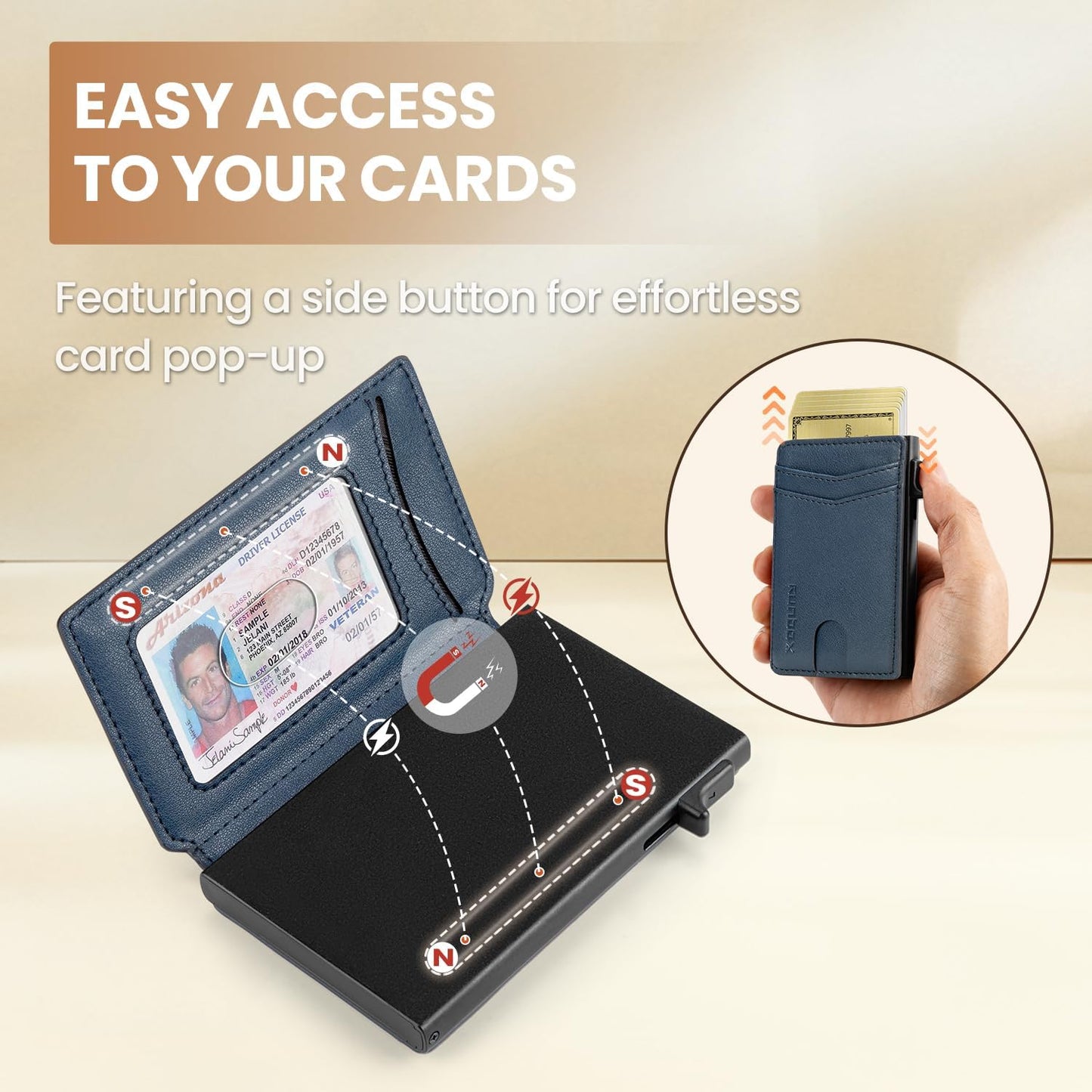 Slim Card Wallet for Men with ID Window – Minimalist RFID Wallet, Pop-Up Function, Ultra Thin Design, Metal Business Card Case Holds 8+ Cards, Gifts for Men, Men's Accessories