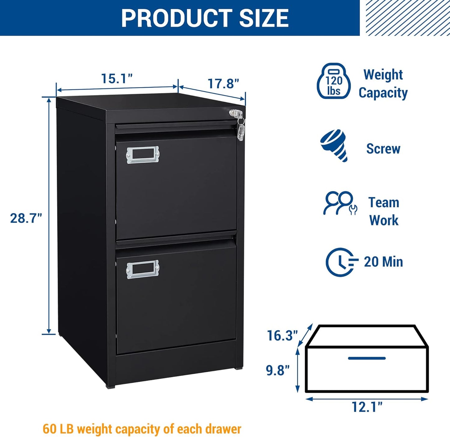 2 Drawers Vertical File Cabinets - 17.8" Deep Lockable Filing Cabinet - Black Metal Storage Cabinets for Home Office to Hanging Files Letter/Legal/F4/A4 Size