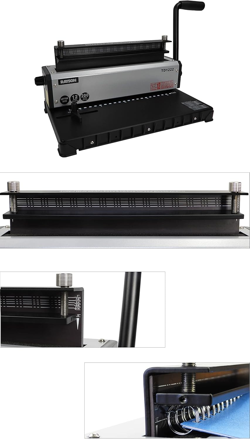 Rayson TD1222 Wire Binding Machine - 2:1 Pitch, Rectangular Holes, 220 Sheet Binding / 12 Sheet Punching Capacity