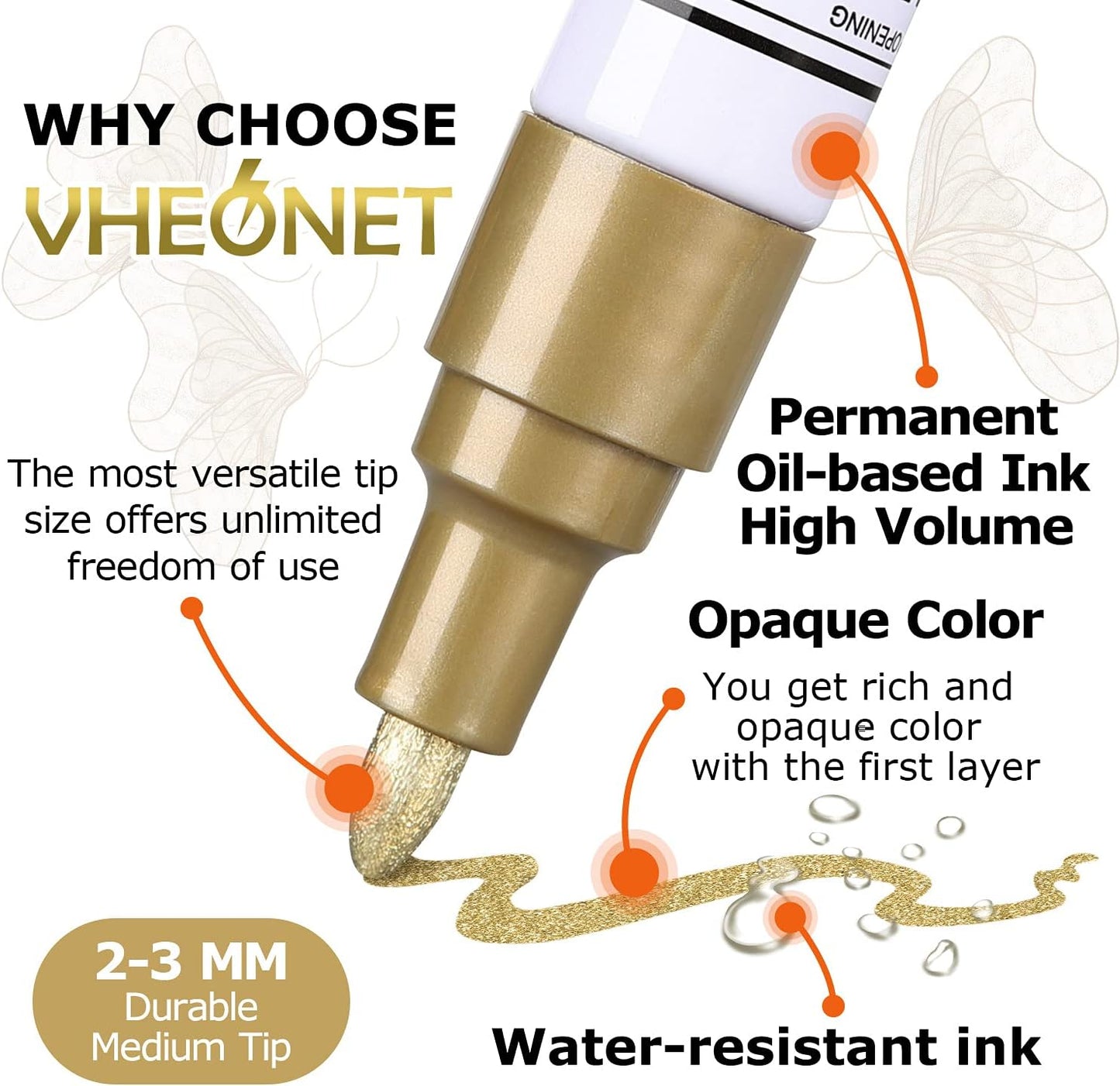 Paint markers, 6 colors oil-based waterproof quick dry permanent pen set for rocks painting, wood, fabric, plastic, canvas, glass, metal, tire, stone, diy craft (Gold Sliver Red Yellow Blue Green)