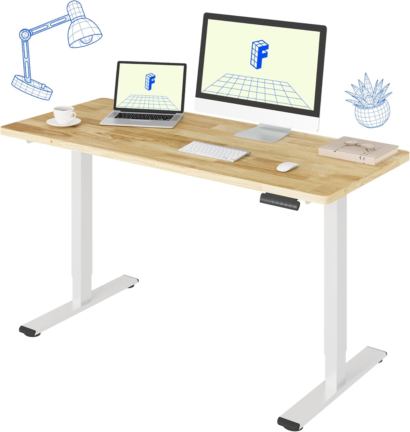 FLEXISPOT E3 Solid Wood Dual Motor Standing Desk 55x24 Inch Whole-Piece Board Electric Height Adjustable Stand Up Desk (White Frame + Rubber Wood Desktop)