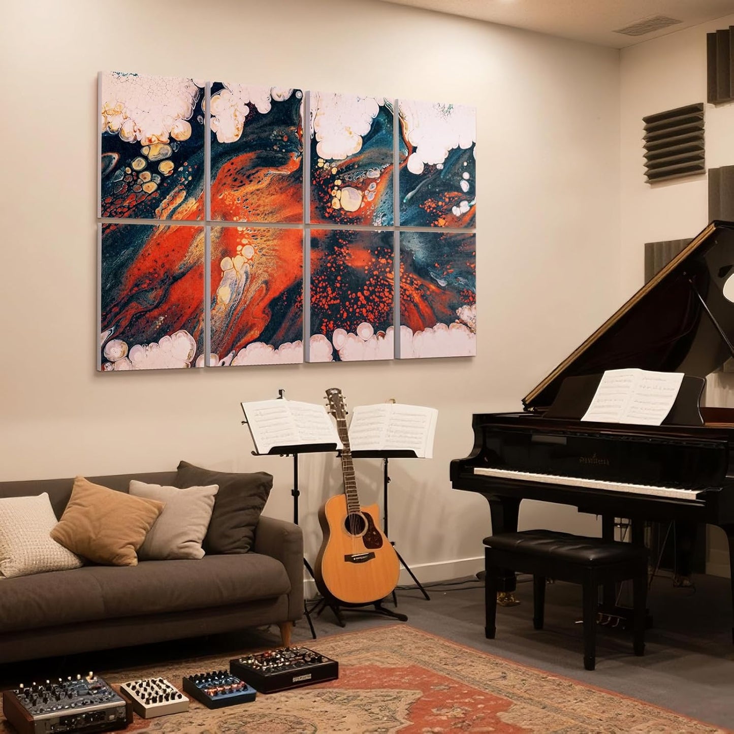 UMIACOUSTICS 8 Pcs 0.7Inch Thick Art Acoustic Panels, Total 47.2” x 31.5” Decorative Sound Absorbing Art Panels, Acoustical Wall Panels for Home, Office, Hotel, Orange-Light Leaping-Cloud