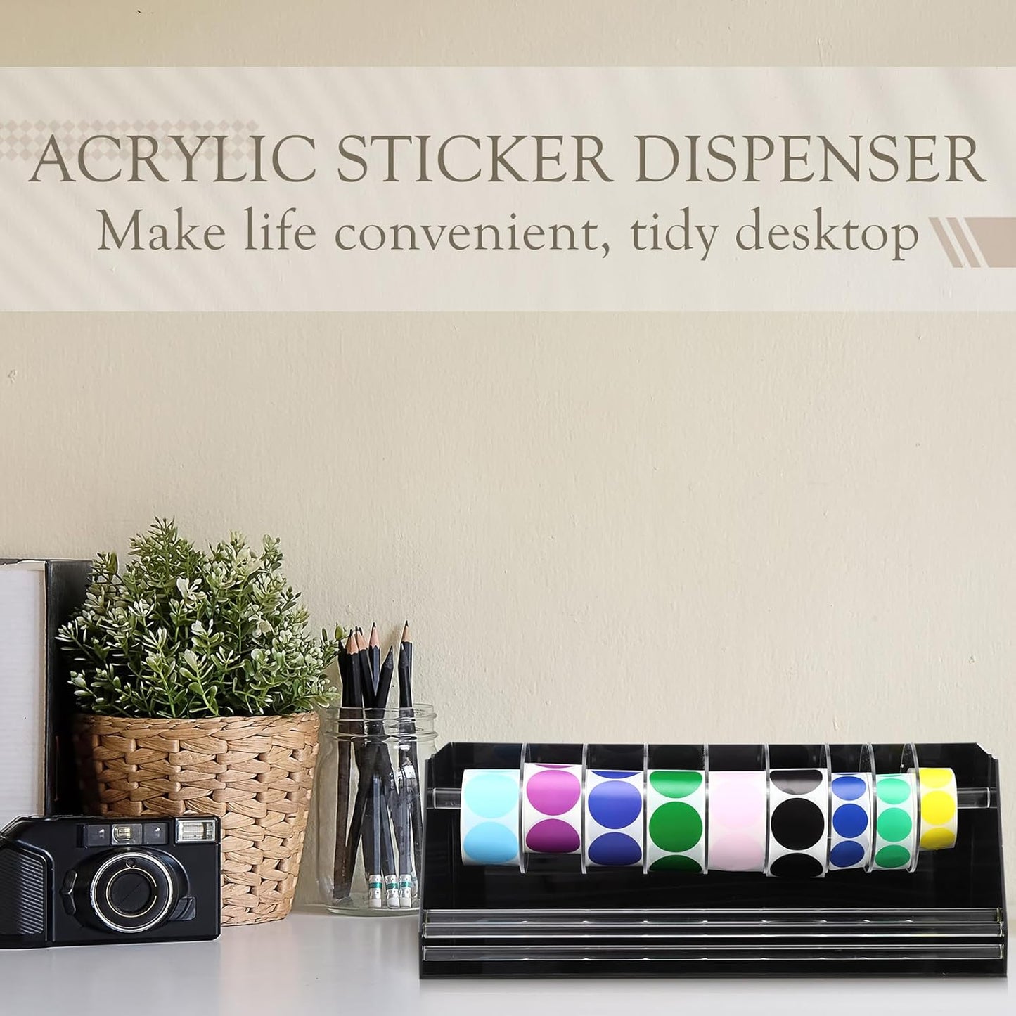 Adjustable Label Dispenser Acrylic Sticker Roll Dispenser Label Roll Holder Multi Use Sticker Holder Organizer Stand for School Gifts and Home Office Desktop(9 Disks)