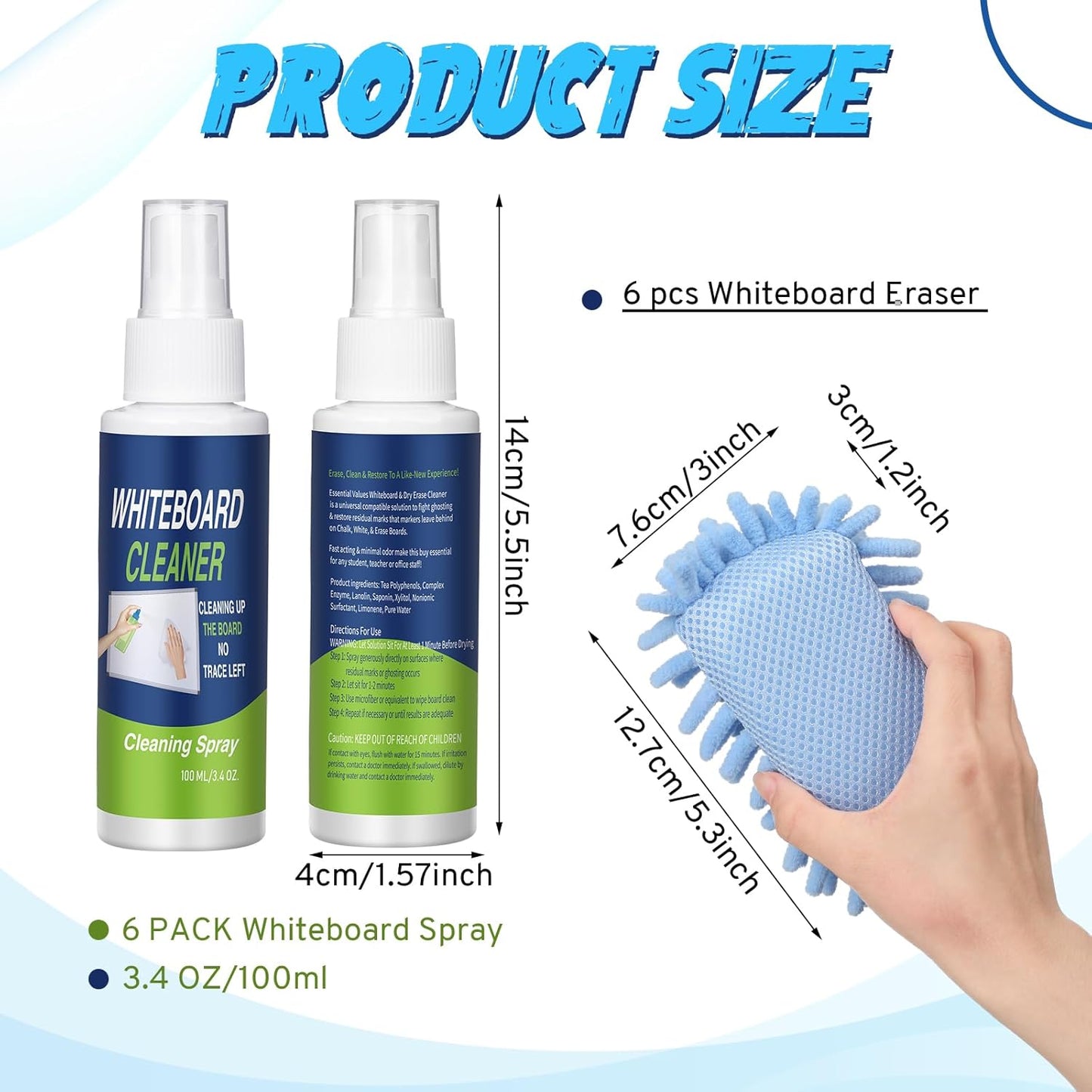 6 Pack Whiteboard Cleaner 3.4 Fl oz White Board Cleaning Spray Dry Erase Board Cleaner with Microfiber Shag Whiteboard Eraser Removes Stubborn Marks from Chalkboard (Pastel)