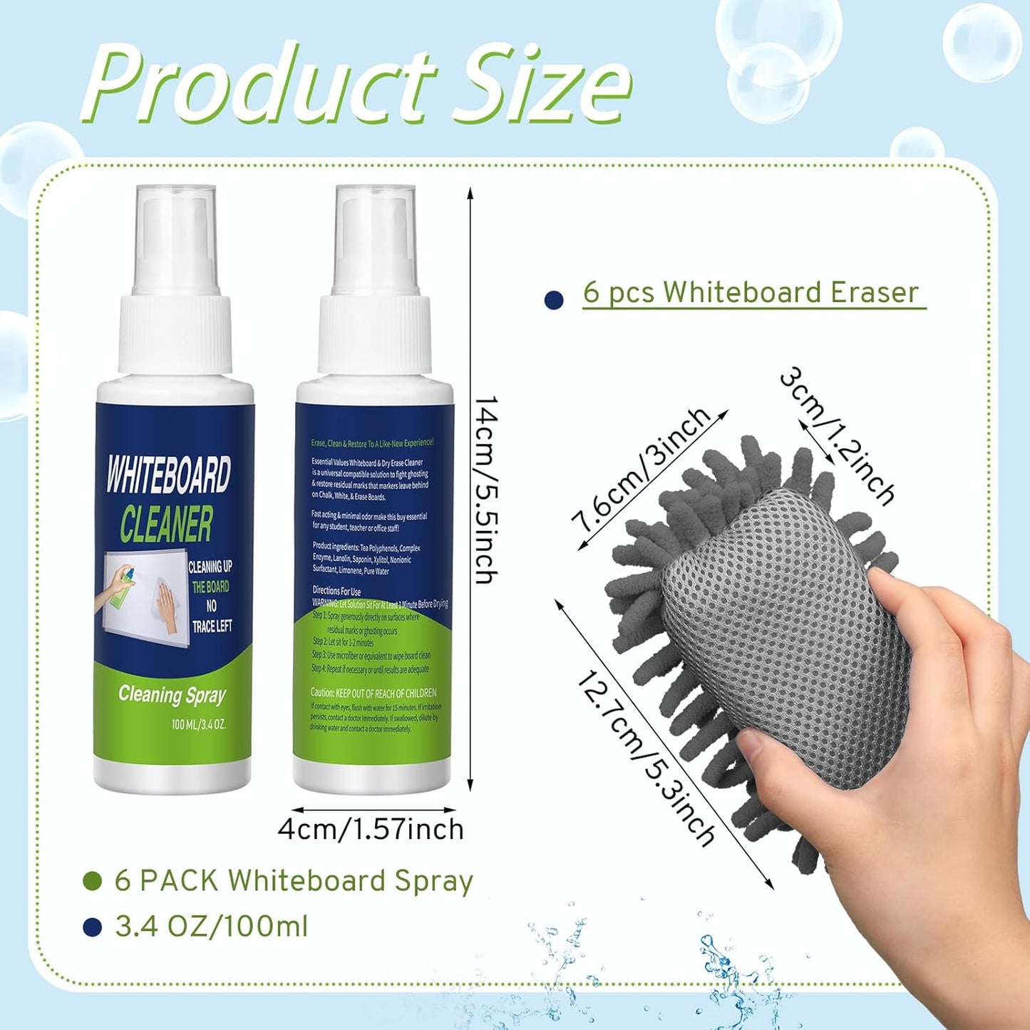 6 Pack Whiteboard Cleaner 3.4 Fl oz White Board Cleaning Spray Dry Erase Board Cleaner with Microfiber Shag Whiteboard Eraser Removes Stubborn Marks from Whiteboard Chalkboard (Grey)