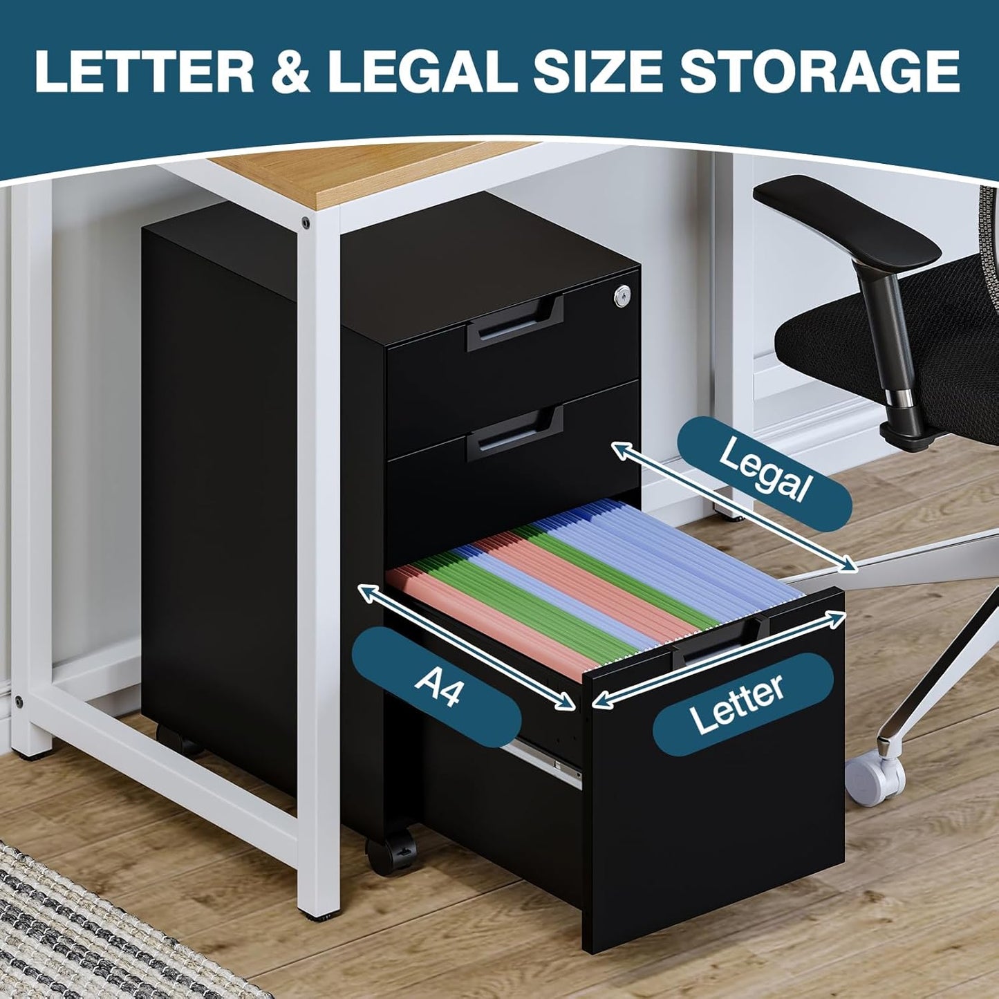 MIIIKO 3 Drawer Filing Cabinet with Lock, Metal Black Vertical File Cabinets for Home Office, Full Assembled File Cabinets Under Desk, Letter/Legal/A4 File Folders Storage