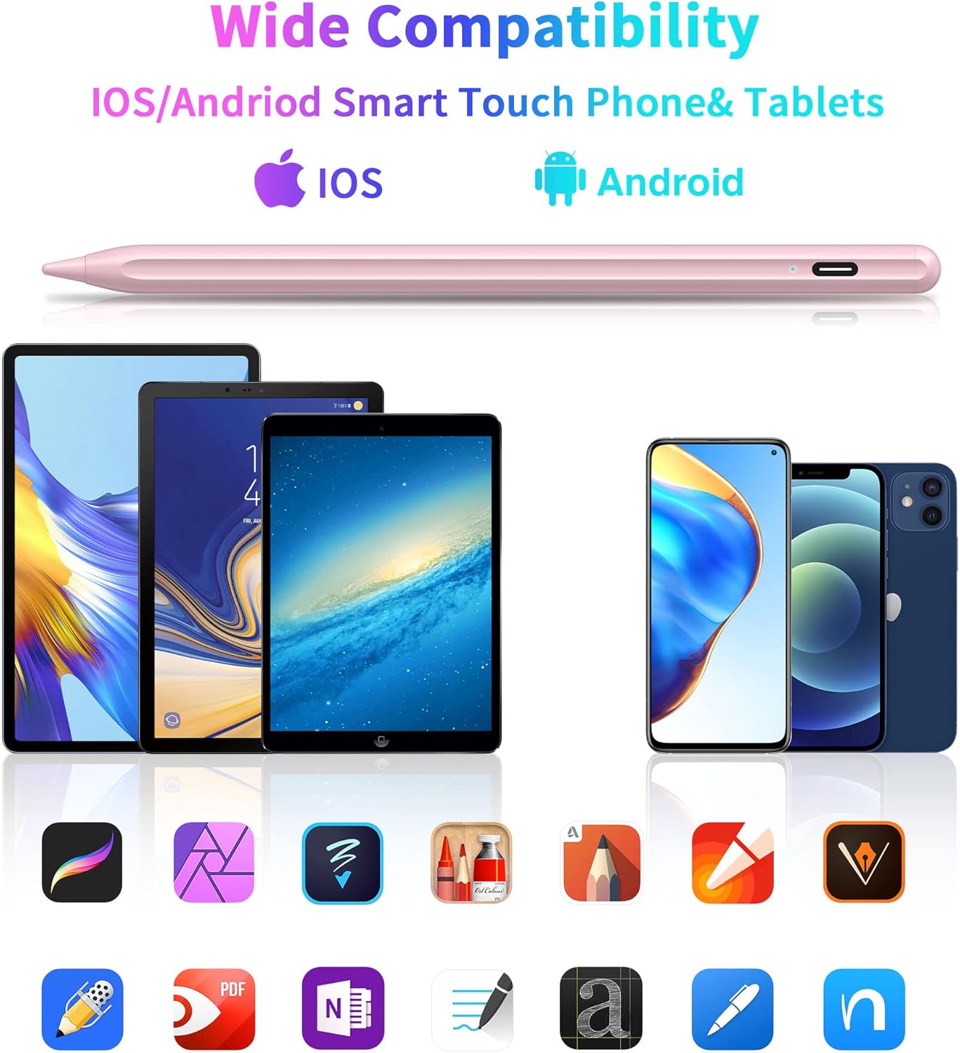 DRYMOKINI Stylus Pen, Active Stylus Pen Touch Screens Compatible for Android and iOS Tablet/Phones, Rechargeable Universal Stylus Pencil Compatible for A-pple/i-Pad/Phone Tablet, Pink