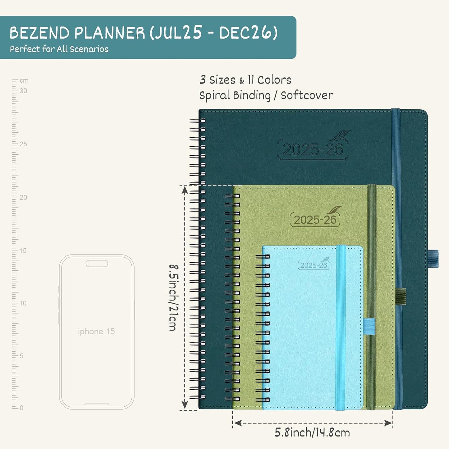 BEZEND Planner 2025-2026 Weekly and Monthly, 5.8" x 8.5" Academic Calendar (Jul 25-Dec 26) Vertical Daily Appointment with Hourly Timeslot & Monthly Tab, Spiral, PU Leather Softcover - Dark Green