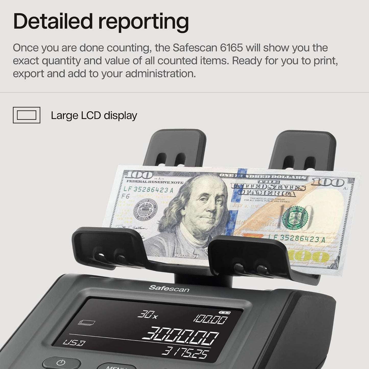 Safescan 6165 Advanced Money Counting Scale, Counts Bills, Coins, Coin Rolls and Bill Bundles, Multi-Currency, Easy to Update, Clear Display Panel, 3 Year Warranty