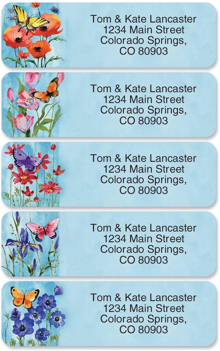 Colorful Images Floral Wings Rolled Personalized Return Address Mailing Labels with Dispenser, 5 Designs, Set of 500, Small ¾ x 2½ Inch Size, Custom Self-Adhesive Sticker Roll