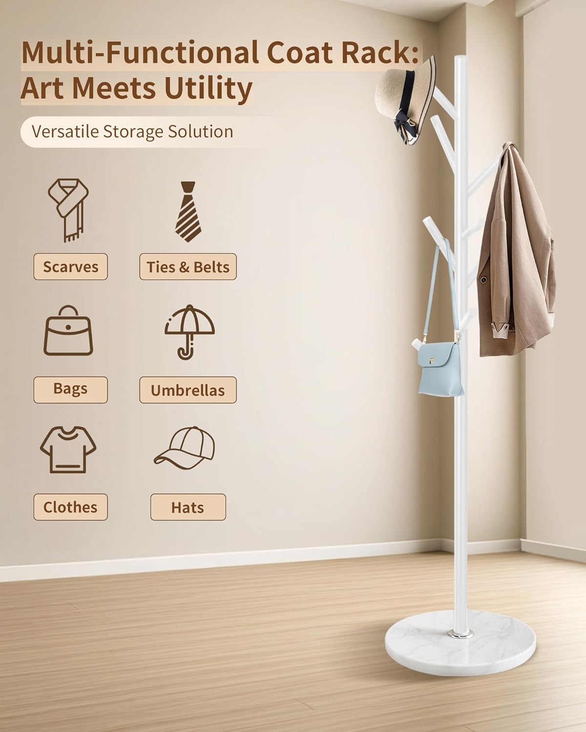EZIVIEZ Modern Coat Rack Stand, Metal Freestanding Coat Rack with Natural Marble Base, White Coat Racks with 8 Hooks and Coat Hanger Tree Jacket Stand for Office, Entryway, Hallway