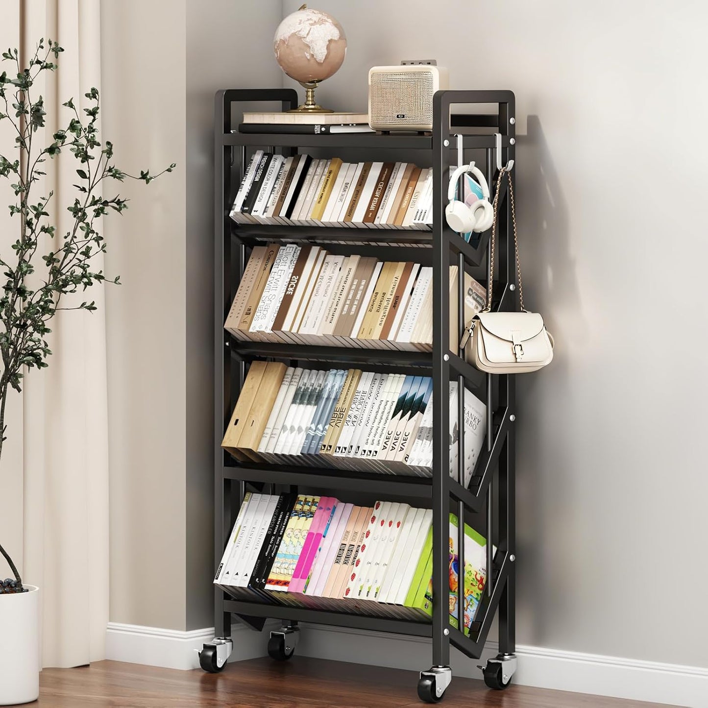 Bookshelf Movable Book Cart Multi-Layer Storage Rack Large-Capacity Rolling Cart L-Shaped Carbon Steel Shelf Suitable for Storing Books, Magazines, Newspapers, Shoes