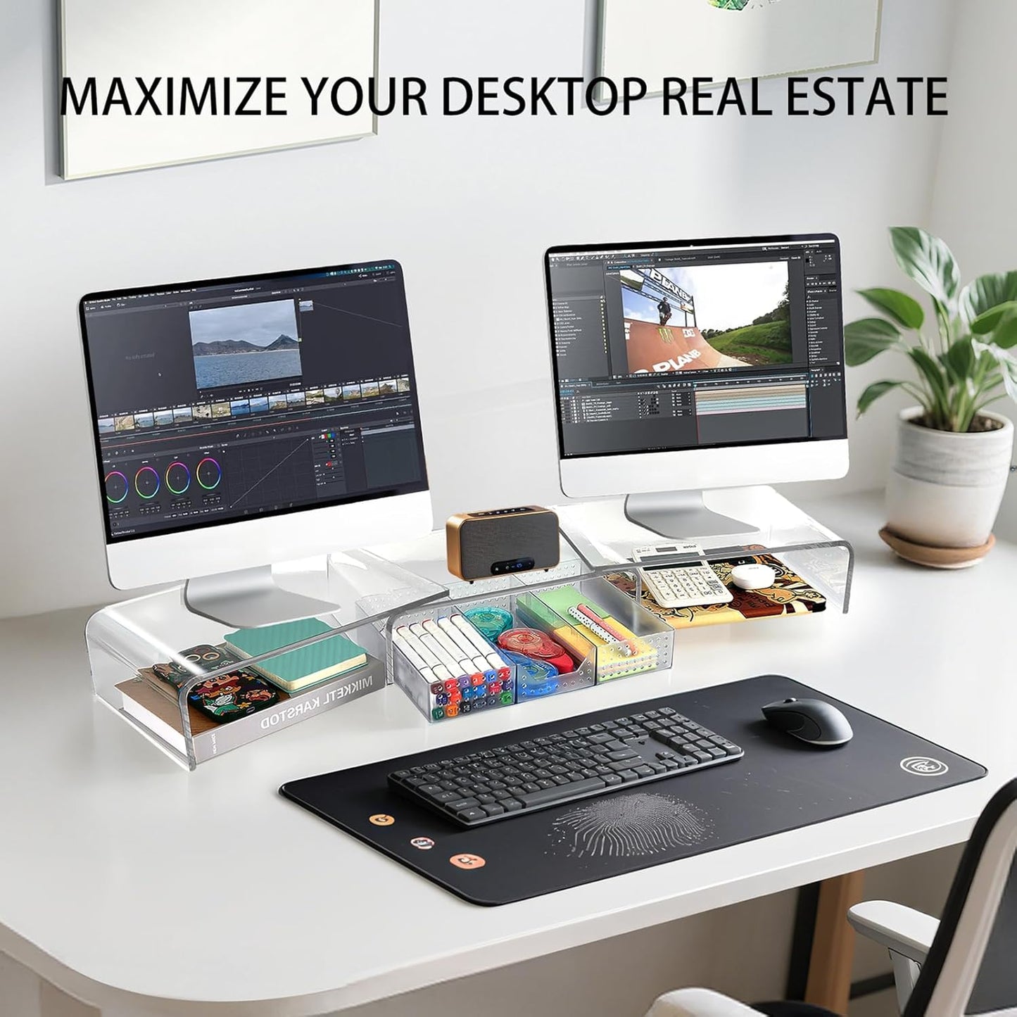 Clear Acrylic Desk Organizers and Accessories, Dual Computer Monitor Stand Riser with Drawer, Desk Shelf for Monitor, Workspace Desktop Organization for Office Supplies