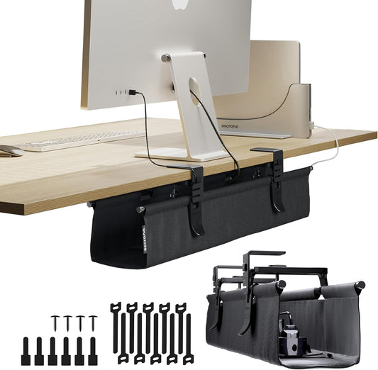 Original No Drill Under Desk Cable Management Tray 27.3" - Premium Black Fabric Cable Management Under Desk - Clamp/Screw Mount Cord Organizer - Supports Upto 66lbs
