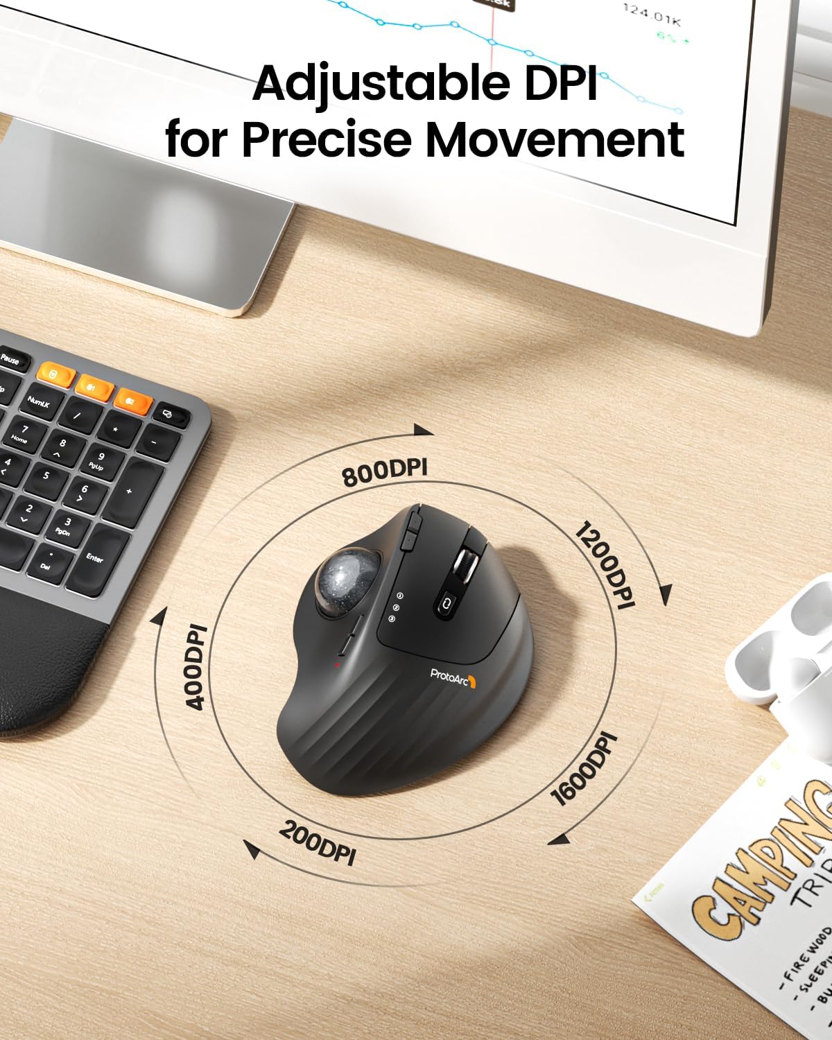 ProtoArc Wireless Trackball Mouse, EM01 NL Ergonomic Bluetooth Rollerball Thumb Rechargeable Computer Laptop Mouse, Adjustable Angle & 3 Device Connection for PC, Mac, Windows-Gray Ball