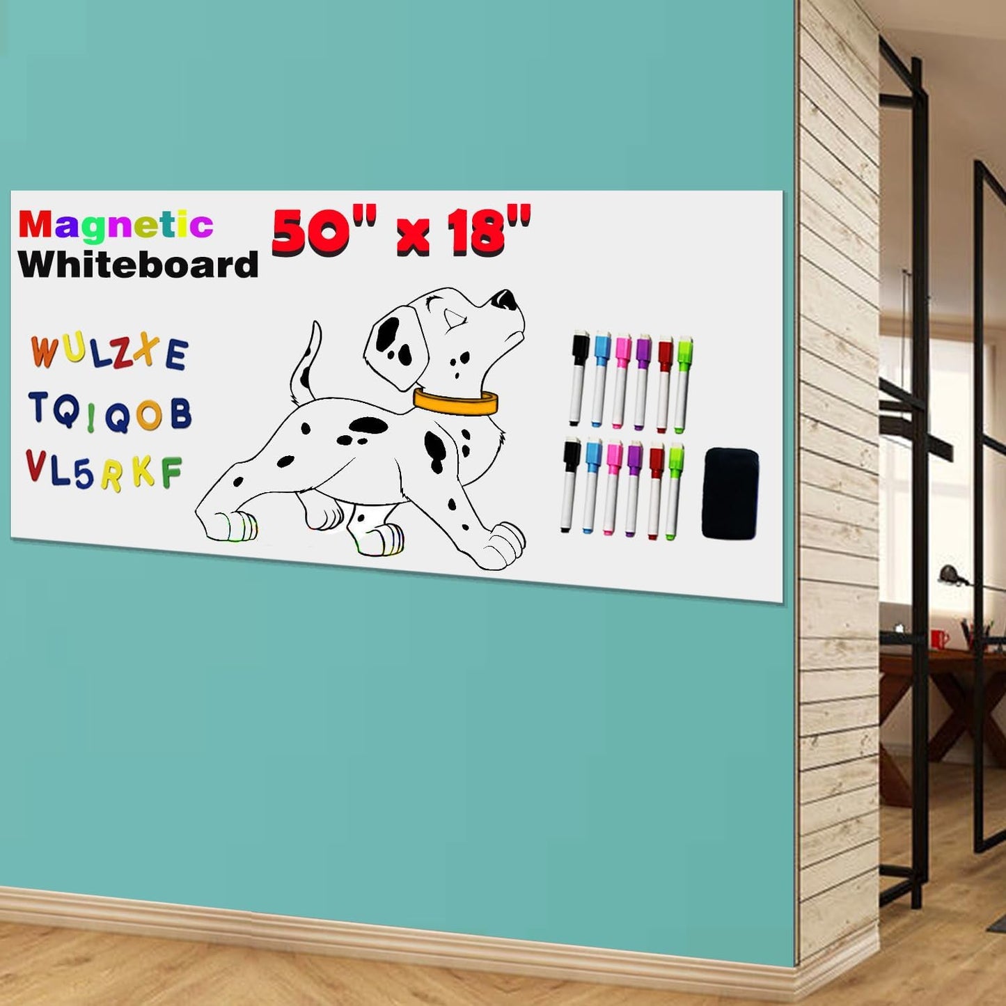 Magnetic Dry Erase Whiteboard Paper for Wall 50" x 18" Self Adhesive White Board Sticker with 12 Magnet Marker and Magnetic Eraser for Kids Office Home Whiteboard Wallpaper Peel and Stick